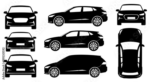 Set of car silhouettes: front, side, and top views of modern SUVs and sedans.