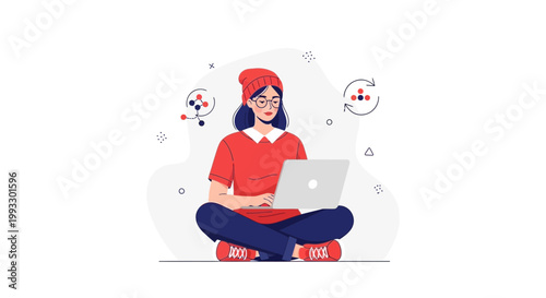 Young Woman with Laptop and Science Icons, Studying or Working Remotely