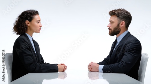 Negotiation Dynamics: Two suited professionals engage in a tense negotiation, their focused expressions and poised postures hinting at the weight of the discussion.