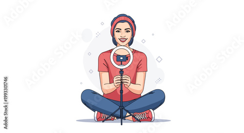 Young Woman Vlogger Sitting Cross-legged with Ring Light and Camera for Online Content Creation