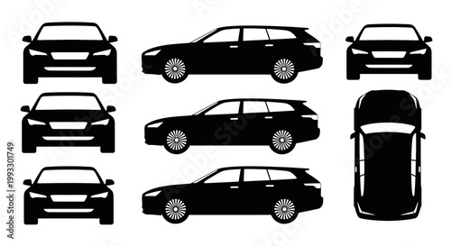 Set of Black Silhouette Station Wagon Cars from Different Angles: Front, Side, Top Views