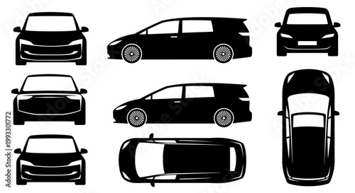 Set of car silhouettes from multiple angles: front, side, top, rear views