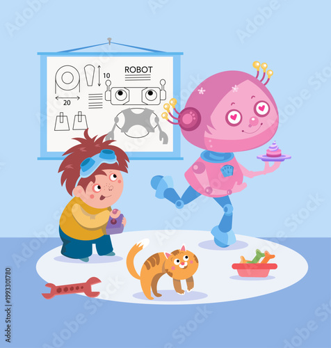 Kids vector illustration with cute pink robot girl holding cupcake and boy inventor with cat. Scene features technical robot blueprint on wall and mechanical tools on floor creating fun educational