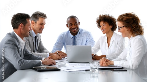 Collaborative Strategy: A diverse group of business professionals engages in lively discussion around a table, united in a shared objective and creative brainstorming session. 