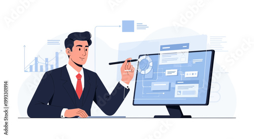 Businessman interacting with futuristic digital interface and data charts