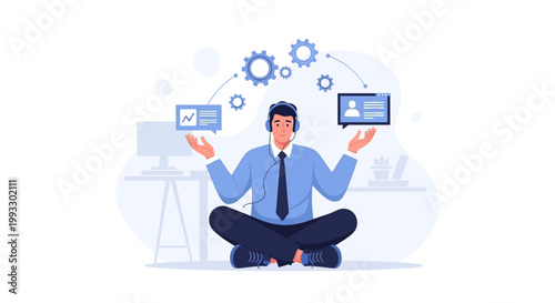 Businessman meditating with gears and data screens, symbolizing workflow balance and efficiency.