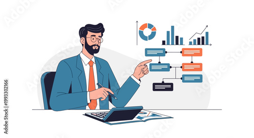 Businessman pointing at flowchart and financial charts, business strategy and analysis