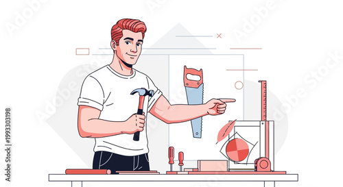 Carpenter pointing at woodworking tools and equipment on a workbench