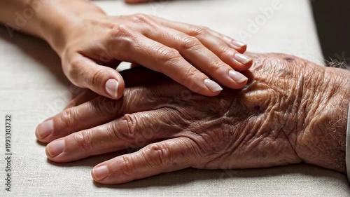 A compassionate younger hand gently rests on top of an older, wrinkled hand, symbolizing care and connection.