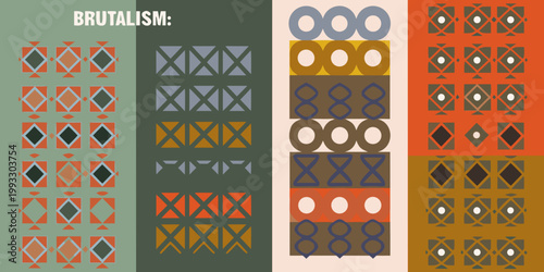 Brutalism inspired geometric patterns in a colorful vertically oriented design