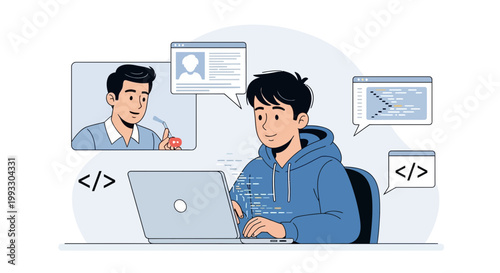 Young programmer learning coding online, video call with tutor, studying software development