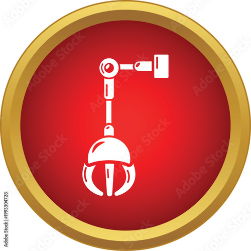 Robotic industrial manipulator claw in a round red and gold emblem