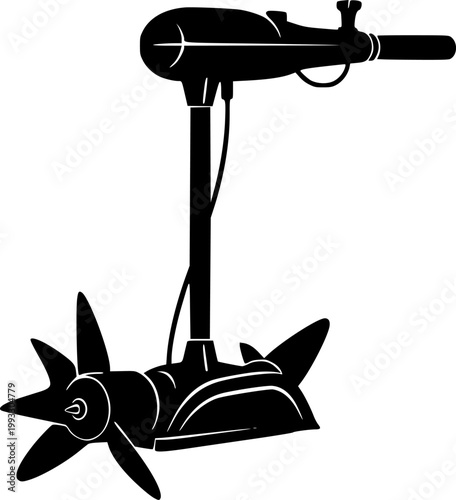 Black silhouette of electric trolling motor isolated on white background
