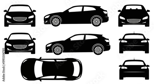 Set of car silhouettes from different angles: front, side, top, rear views