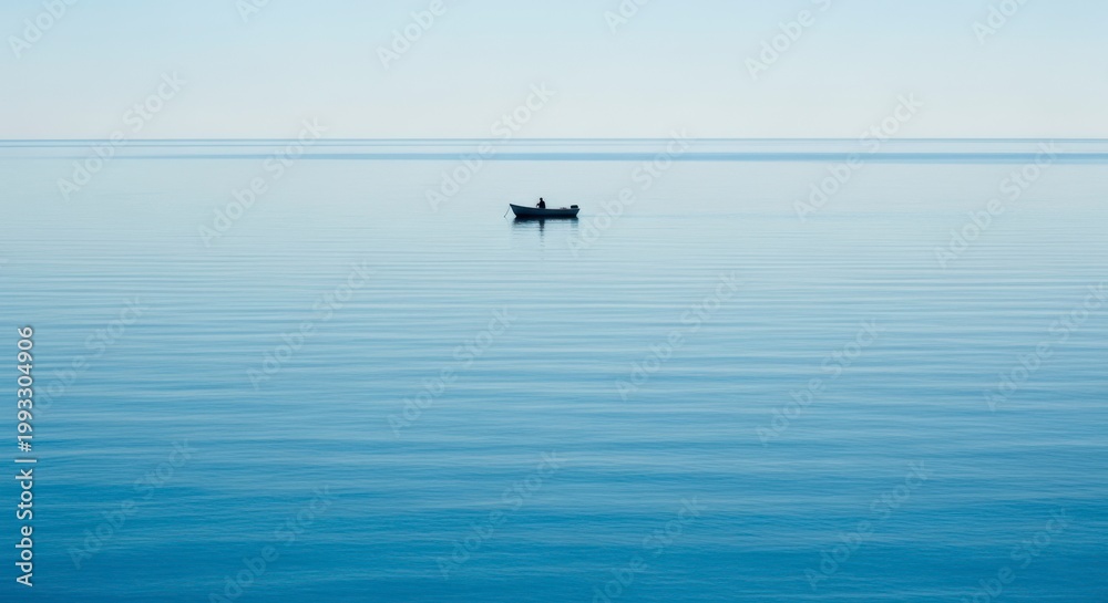 Fototapeta premium A small boat floats peacefully on the calm ocean water under a serene sky