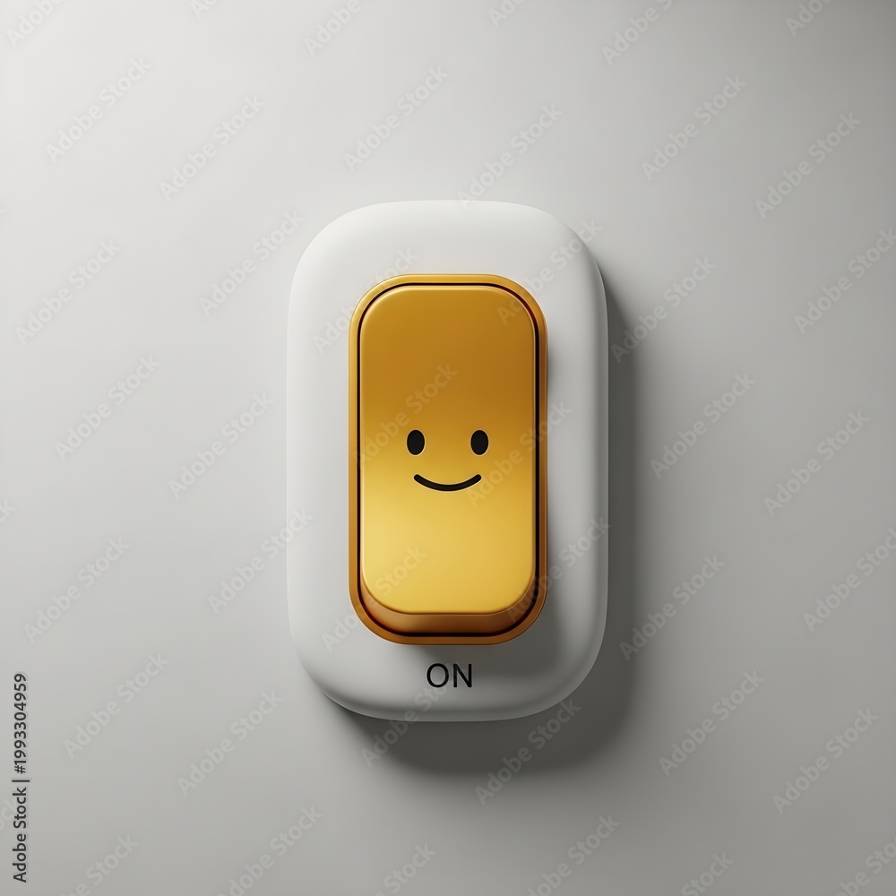 Fototapeta premium Golden smiling face lego brick on white surface minimalist composition