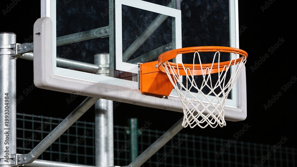 Naklejka premium A basketball hoop with a white net and orange rim is positioned against a dark background. The scene captures the essence of sports and outdoor activities.