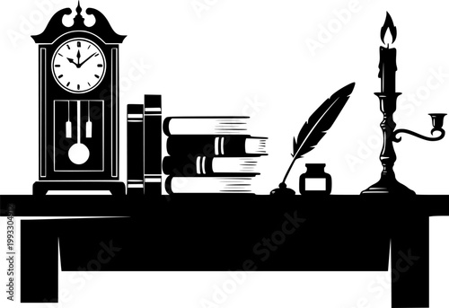 Silhouette of a desk with a clock, books, quill pen, and candlestick on a isolated on white background
