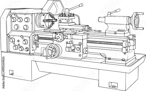 Black and white line drawing of an industrial metal lathe machine on a isolated on white background
