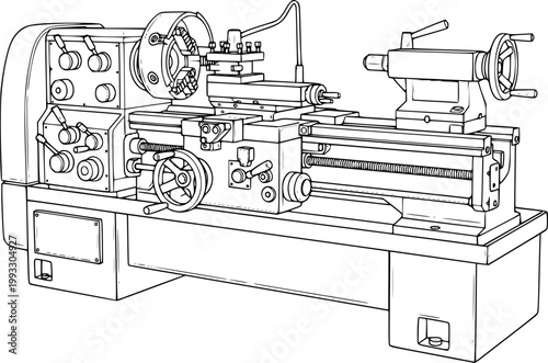 Black and white line drawing of an industrial metal lathe machine on a isolated on white background
