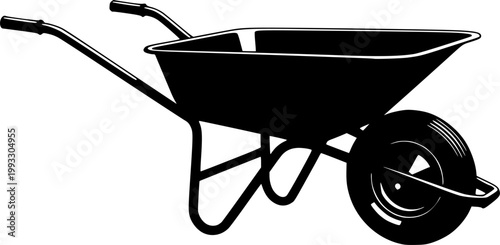 Black silhouette of a wheelbarrow with one wheel on a isolated on white background

