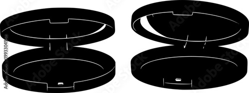 Black oval makeup compact case silhouette with lid open isolated on white background

