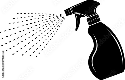 Black silhouette of a spray bottle spraying liquid isolated on white background
