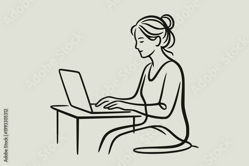 Woman typing at laptop shown in clean line art on light background, conveying productivity and focus and daily workflow. Concept of freelancing and working from home