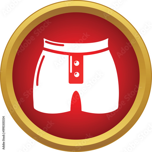 White men's button fly boxer shorts are displayed in a red and gold circle