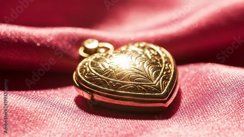 An ornate golden heart-shaped locket, intricately engraved with delicate patterns, rests gracefully on a luxurious, softly draped red satin fabric.