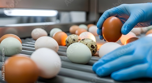 Hand in blue glove inspects eggs on conveyor belt in food production facility