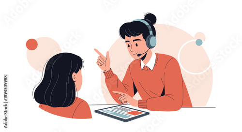 Customer service agent with headset assisting client, using tablet for support and communication
