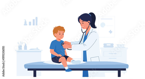 Flat style vector illustration of child visiting doctor for routine checkup, pediatrician examining with stethoscope in friendly clinic, kids healthcare concept