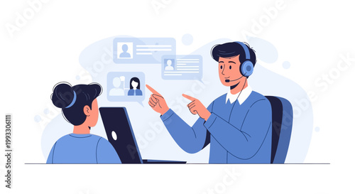 Customer service agents collaborating online, virtual communication, remote work, support team