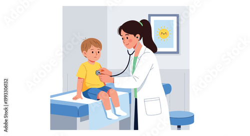 Flat style vector illustration of child visiting doctor for routine checkup, pediatrician examining with stethoscope in friendly clinic, kids healthcare concept