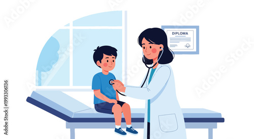 Flat style vector illustration of child visiting doctor for routine checkup, pediatrician examining with stethoscope in friendly clinic, kids healthcare concept