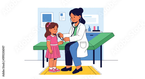 Flat style vector illustration of child visiting doctor for routine checkup, pediatrician examining with stethoscope in friendly clinic, kids healthcare concept