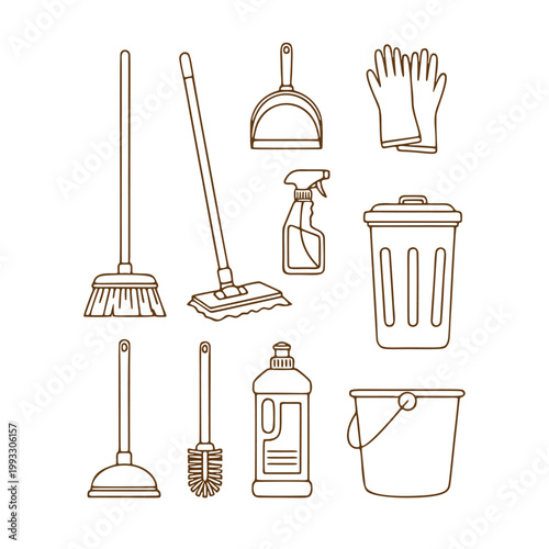 Cleaning Essentials: An array of essential cleaning tools and supplies, neatly arranged and ready for various tasks, symbolizing order and tidiness in the household or workspace.