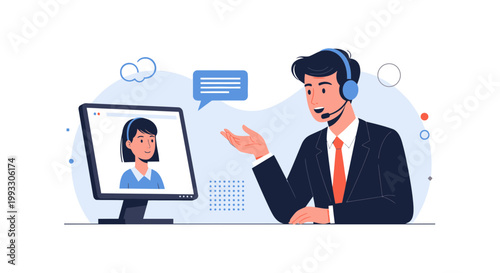 Customer Service Operator Talking to Client via Video Call on Computer Screen
