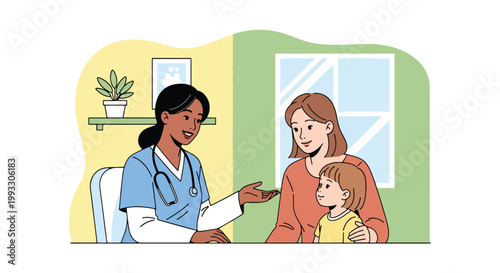 Flat style vector illustration of pediatric doctor consulting with child and parent in clinic, explaining health condition and providing care guidance in supportive environment