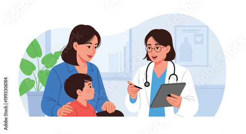 Flat style vector illustration of pediatric doctor consulting with child and parent in clinic, explaining health condition and providing care guidance in supportive environment