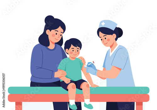 Flat style vector illustration of child receiving vaccine from nurse with parent support, healthcare prevention and immunization concept in safe clinic environment