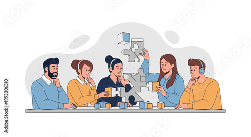 Diverse team collaborating on puzzle, teamwork and problem solving concept