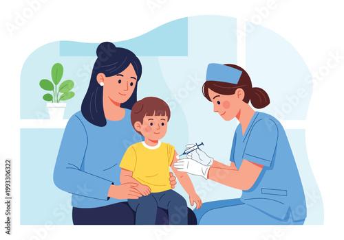 Flat style vector illustration of child receiving vaccine from nurse with parent support, healthcare prevention and immunization concept in safe clinic environment