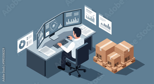 Man analyzing data on multiple monitors with boxes nearby, illustrating logistics and supply chain management.
