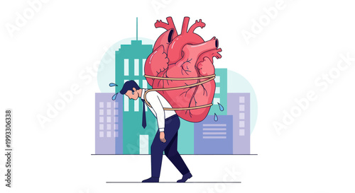 Man carrying a giant heart on his back, symbolizing emotional burden and stress.