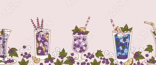 Purple Drinks with Blackcurrant Seamless Border. Summer Refreshing Hand-made Cocktail, Botanical Lemonade in Glass with Ice Cubes, Berries, Lavender, Citrus and Straw. Vector Horizontal Illustration