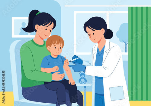 Flat style vector illustration of child receiving vaccine from nurse with parent support, healthcare prevention and immunization concept in safe clinic environment