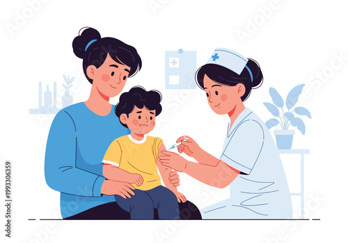Flat style vector illustration of child receiving vaccine from nurse with parent support, healthcare prevention and immunization concept in safe clinic environment
