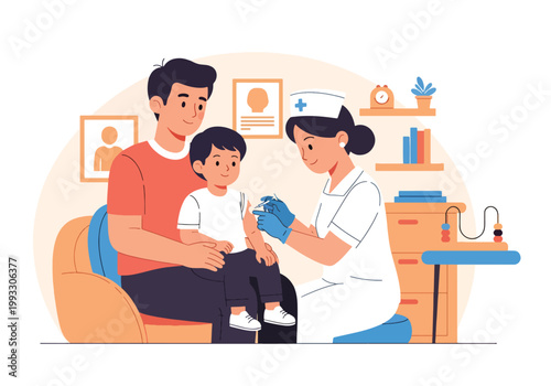 Flat style vector illustration of child receiving vaccine from nurse with parent support, healthcare prevention and immunization concept in safe clinic environment
